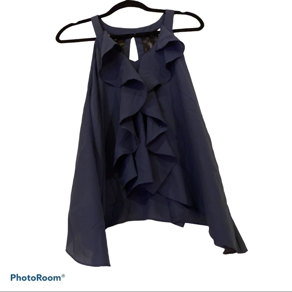 BCBG Blue & Black Ruffle Lace  Sleeveless Blouse Size X Small
